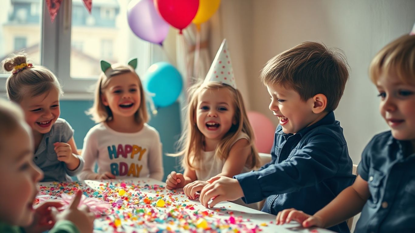 Children celebrating a birthday party with balloons and confetti.
