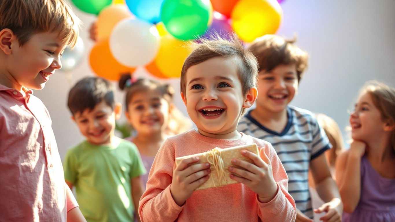 Children celebrating a birthday party with balloons and gifts.
