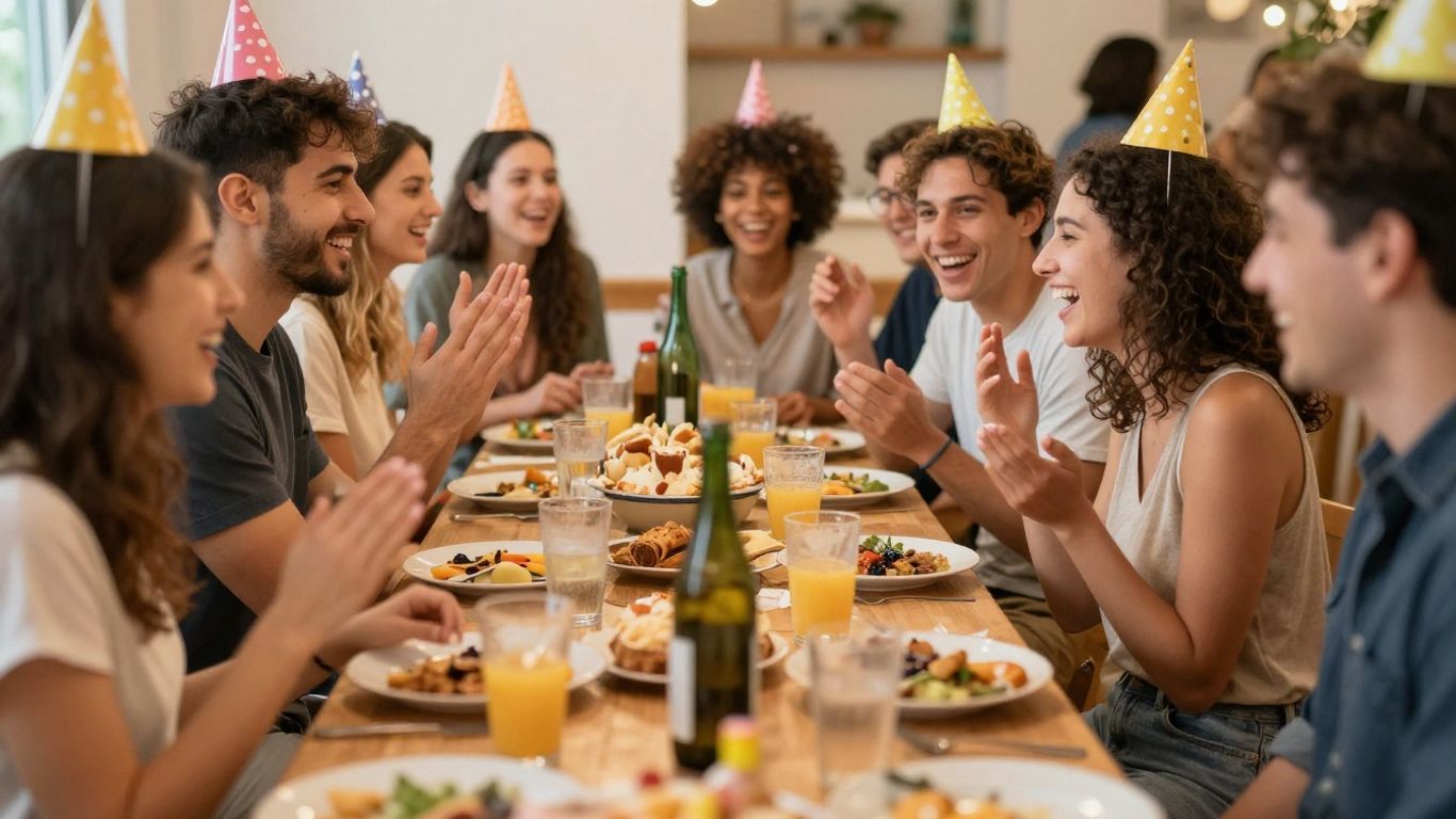 People celebrating a birthday with smiles and laughter.