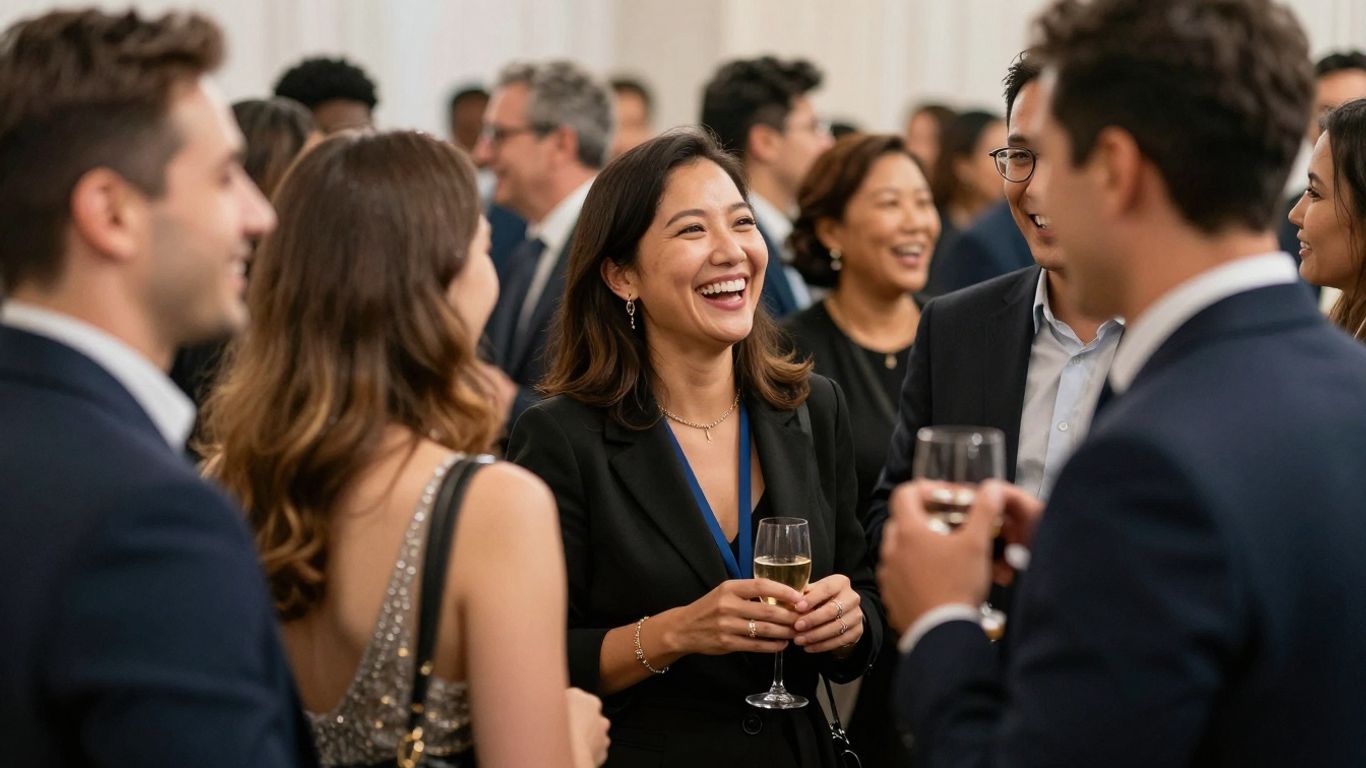 People celebrating at a corporate event, natural lighting.