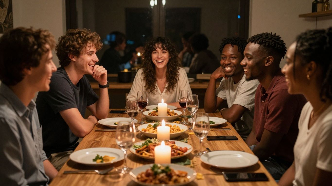 A group of friends laughing at a dinner party