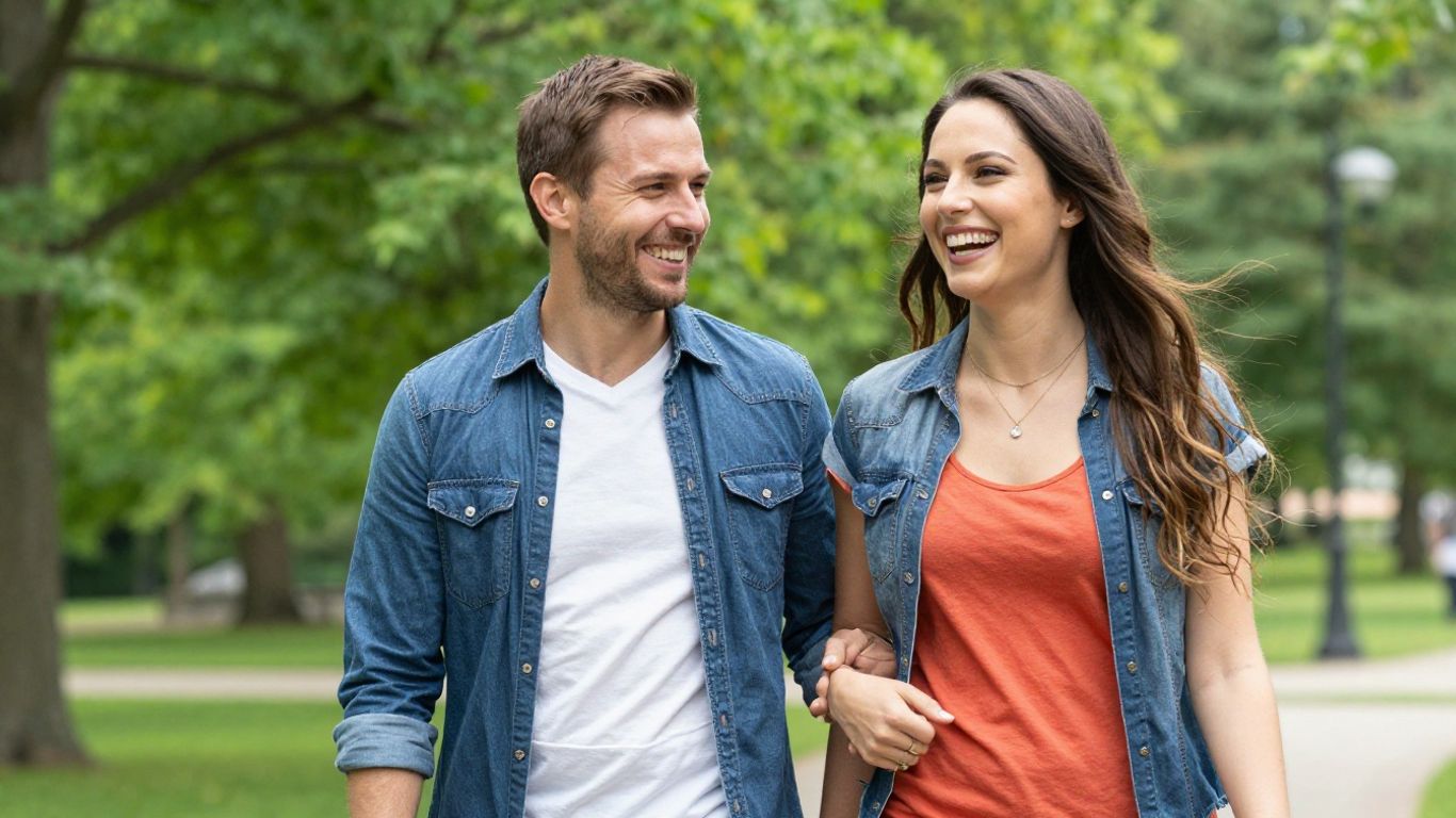 A couple walking near trees
