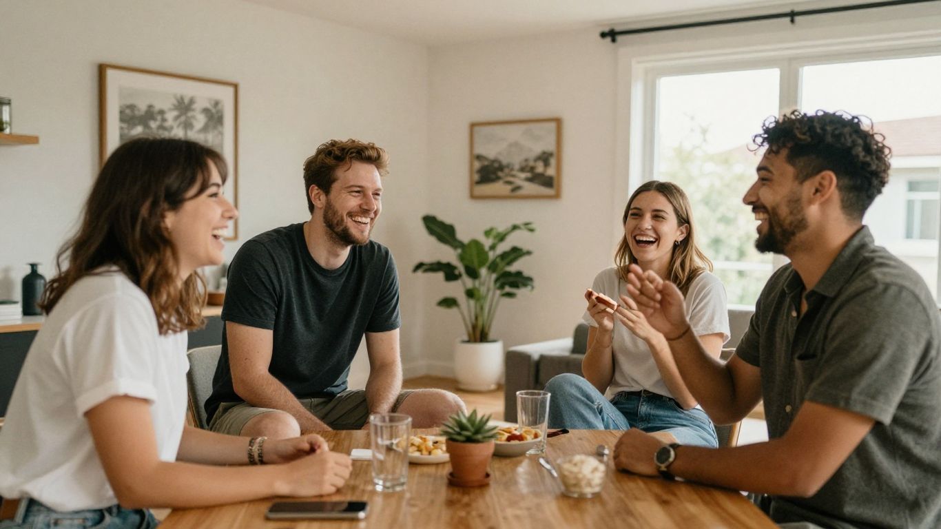 Candid photography of friends laughing in a new house