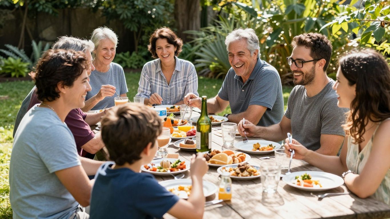 An extended family laughing and eating together