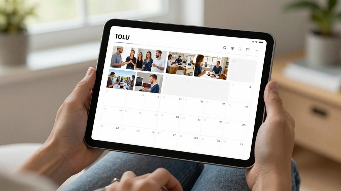 A digital calendar and photo gallery displayed on a tablet