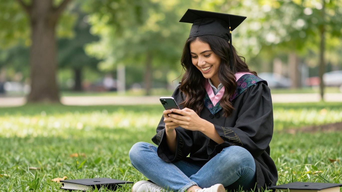 A happy graduate sharing graduation news digitally