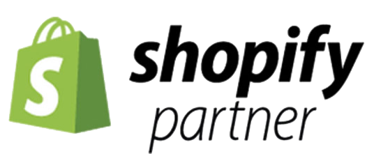 Shopify Partner badge with green shopping bag logo and black text.
