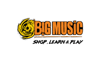 Big Music logo with a stylized yellow spiral and text in orange and black on black background.