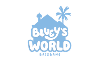 Bluey's World Brisbane logo with house and palm tree illustration in blue.