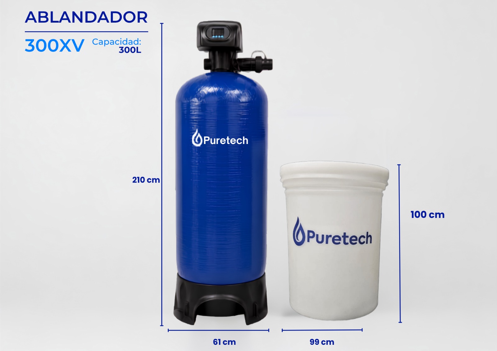 Medidas del ablandador de agua 300XV Puretech: tanque de resina y tanque salero