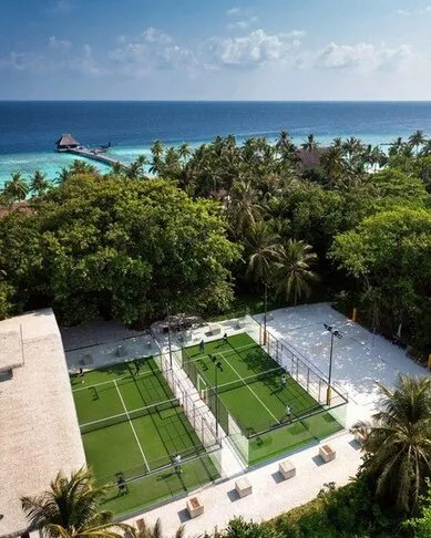 Două terenuri de padel cu gazon verde, înconjurate de palmieri, lângă ocean, în Insulele Maldive