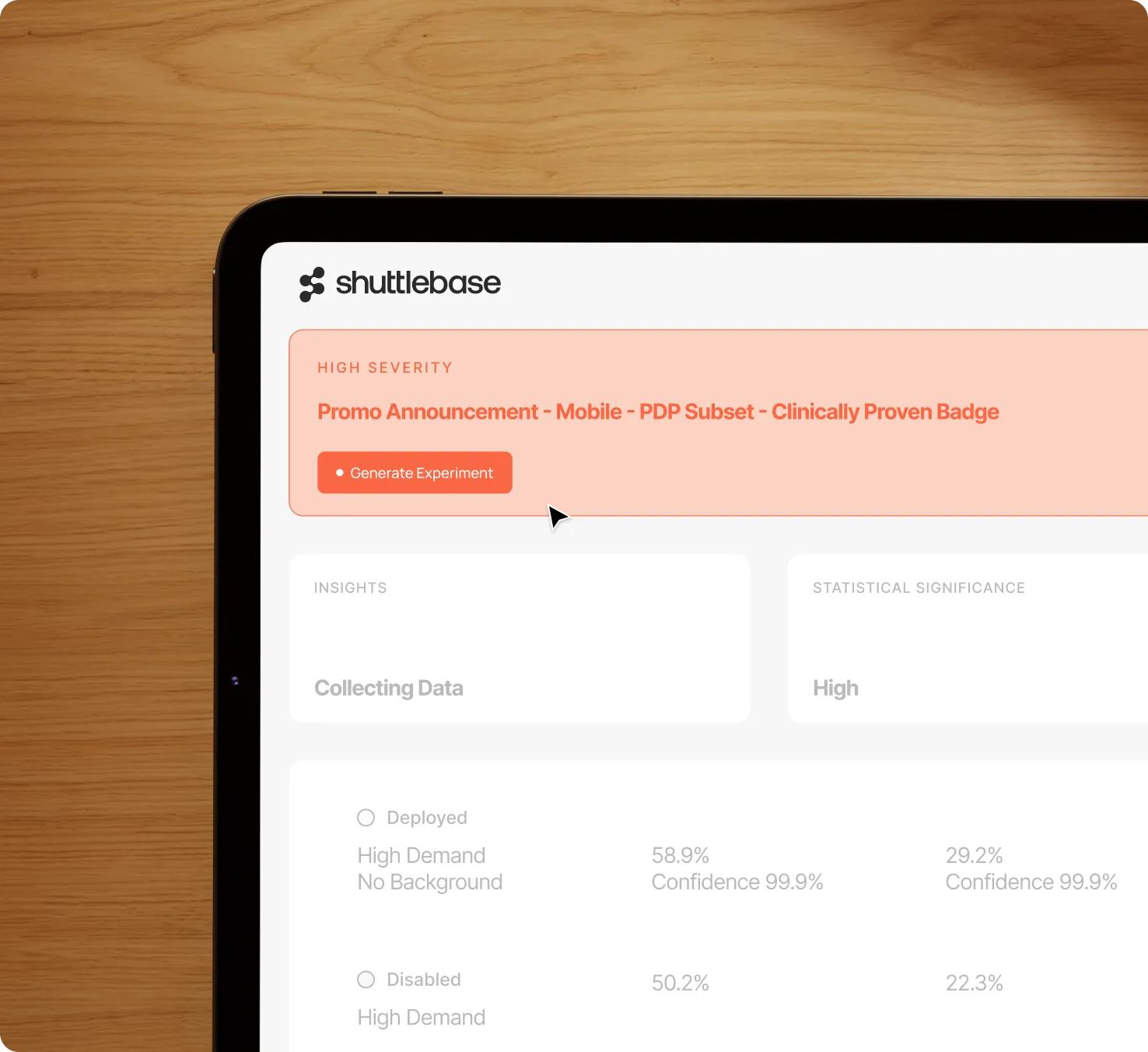 Shuttlebase dashboard showing a high severity alert for promo announcement with a Generate Experiment button.
