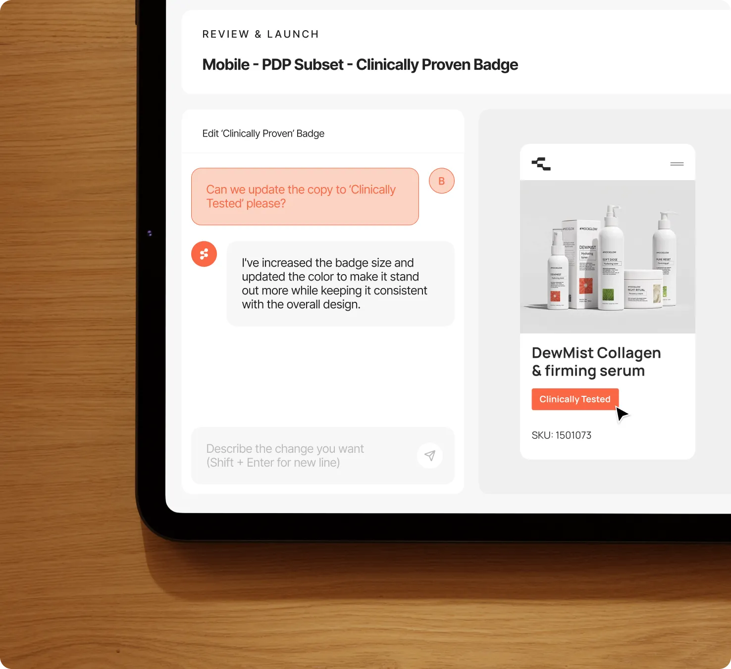 Tablet screen showing chat about updating a badge text to 'Clinically Tested' on a skincare product page.