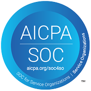 Blue circular SOC 2 badge with AICPA SOC logo and web address for service organizations.