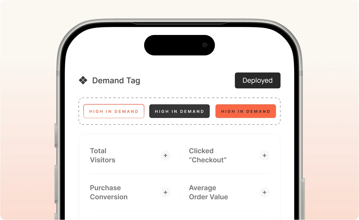 Smartphone screen showing a Demand Tag section with 'High in Demand' tags and metrics like visitors and order value.