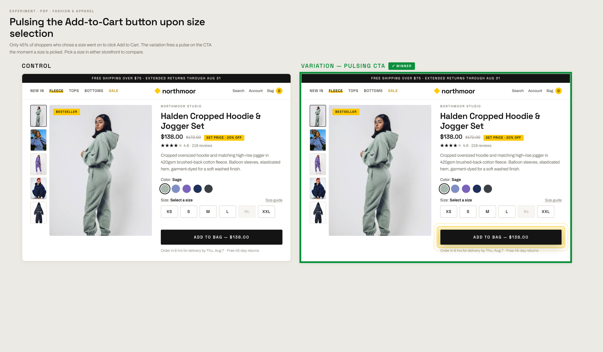 Adding a clear “Add-to-Cart” Button Animation Upon Size Selection Increased Clicks by 4.7%