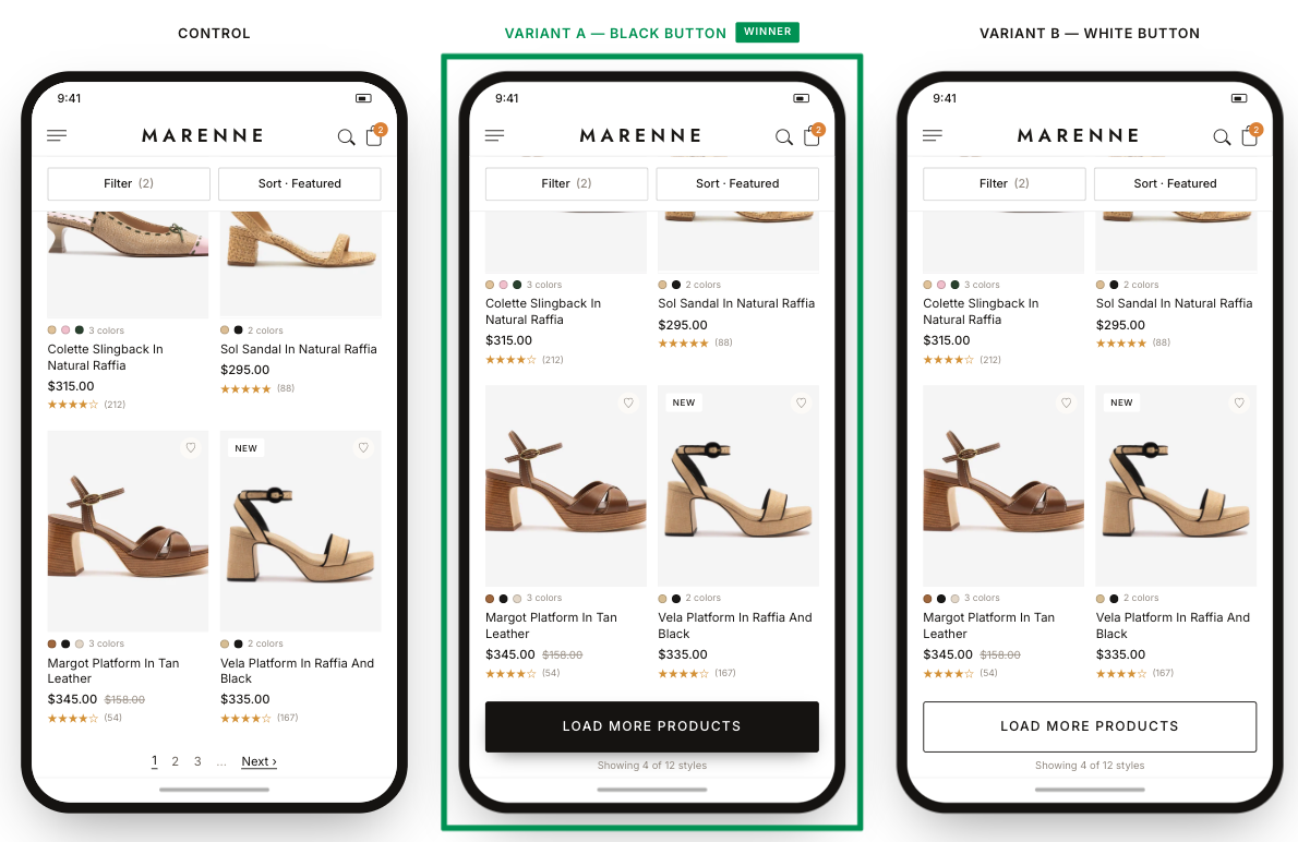 Mobile footwear collection page: control with numbered pagination, beside black and white Load More button variants; the black button won