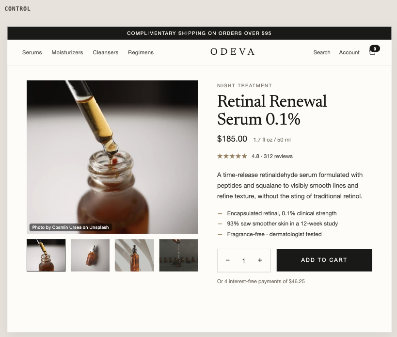 Desktop skincare product page as the control, where the cart stays closed after add-to-cart