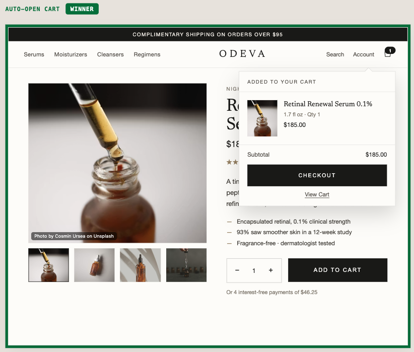 The winning variation, where the mini cart opens automatically after add-to-cart and shows a checkout button