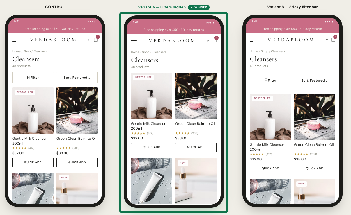 Mobile skincare collection page shown as control, with filters hidden, and with a sticky filter bar; hiding the filters won