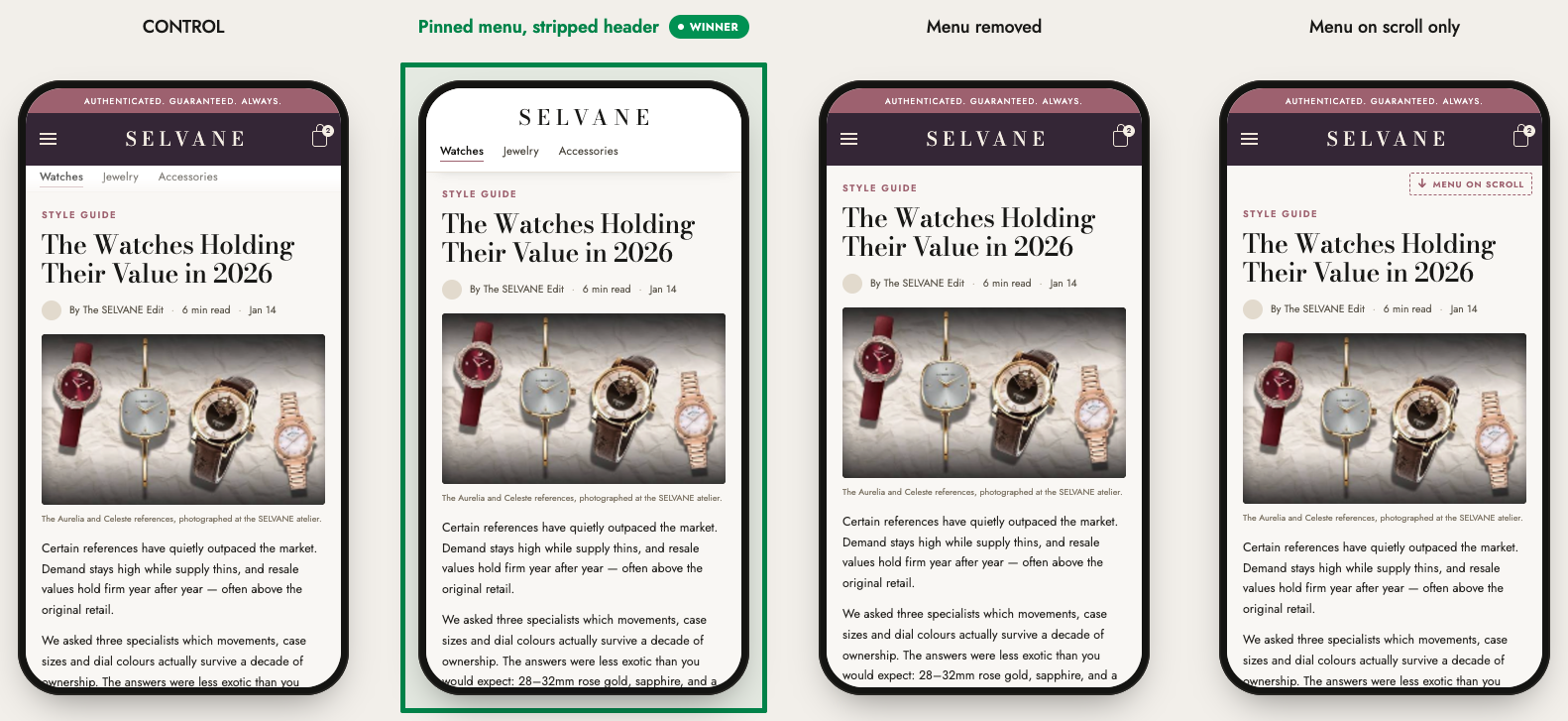 Jewelry blog article on mobile: control, a pinned stripped header, the menu removed, and menu on scroll only; the pinned header won