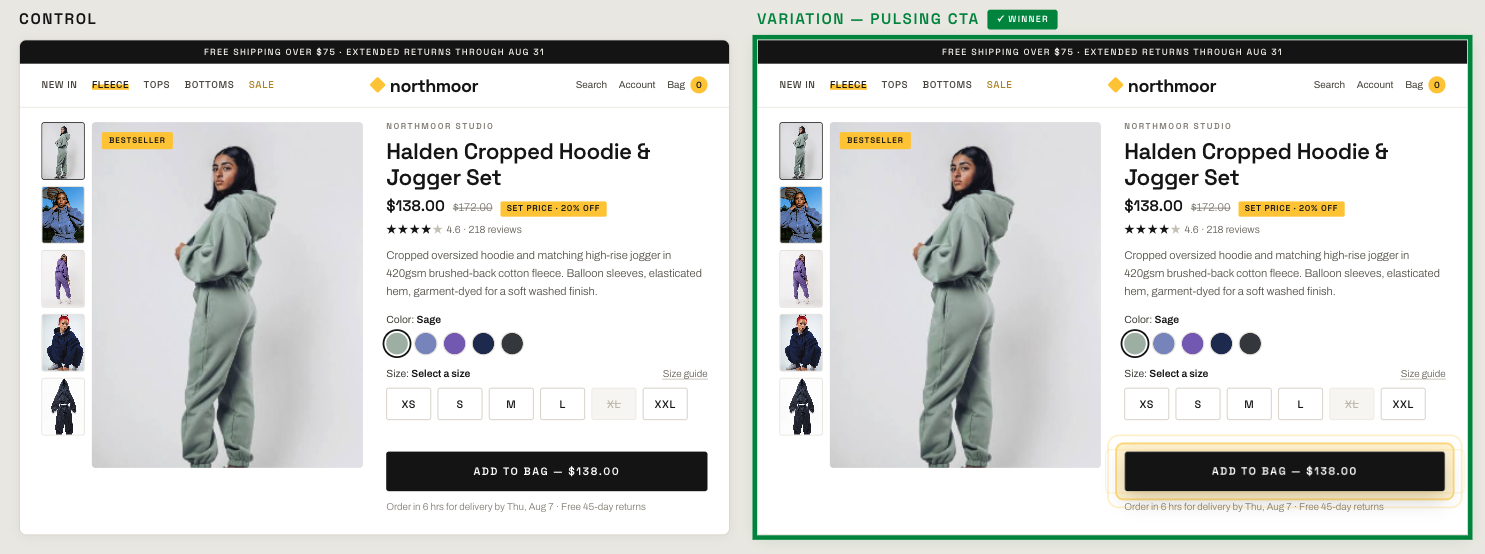 Desktop apparel product page shown as control and as the winning variation where the Add to Cart button pulses after a size is selected