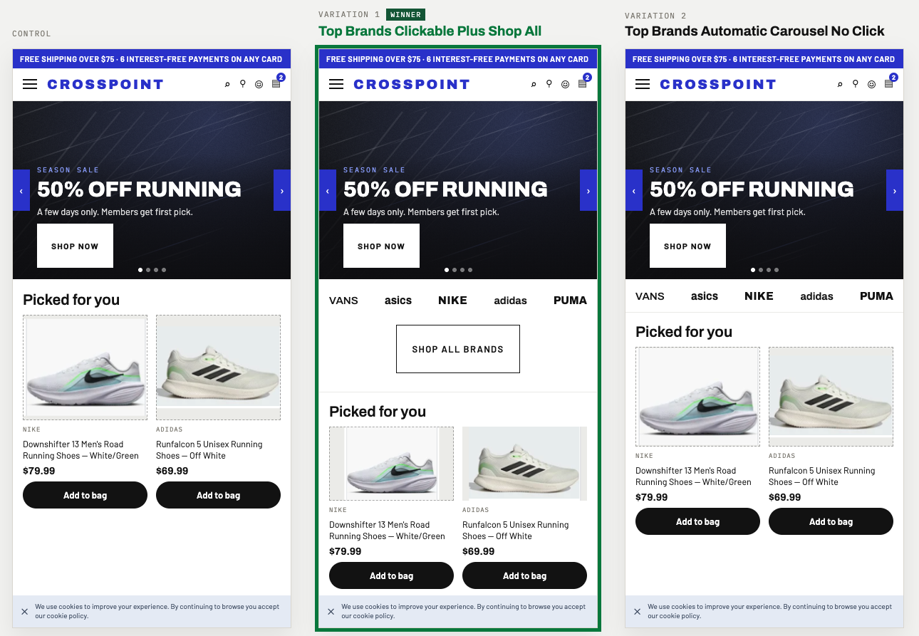 Sportswear mobile homepage: control, clickable top brand logos plus a Shop All button, and an automatic brand carousel; the clickable logos won