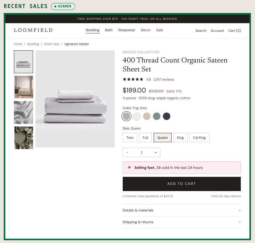 The winning Selling Fast banner above Add to Cart, showing units sold in the last 24 hours