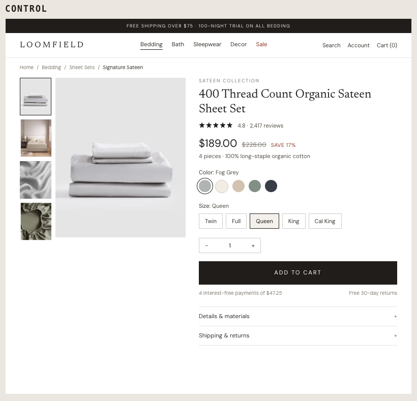 Desktop bedding product page as the control, with no demand banner above Add to Cart