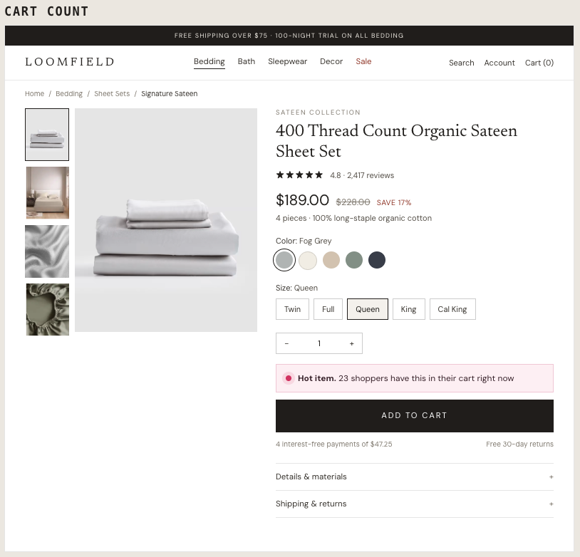 The cart count variation, showing how many shoppers currently have the item in their cart