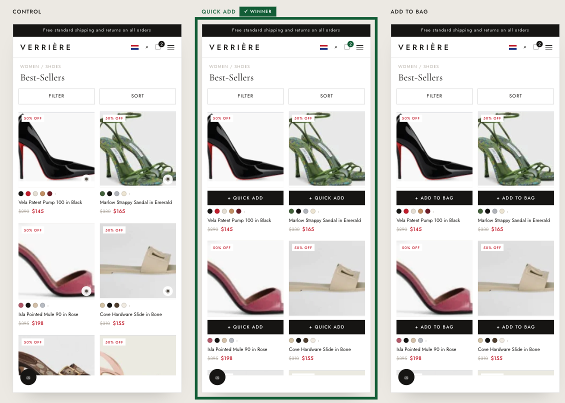 Designer footwear mobile listing shown as control, with the winning Quick Add bar, and with an Add to Bag bar under each product