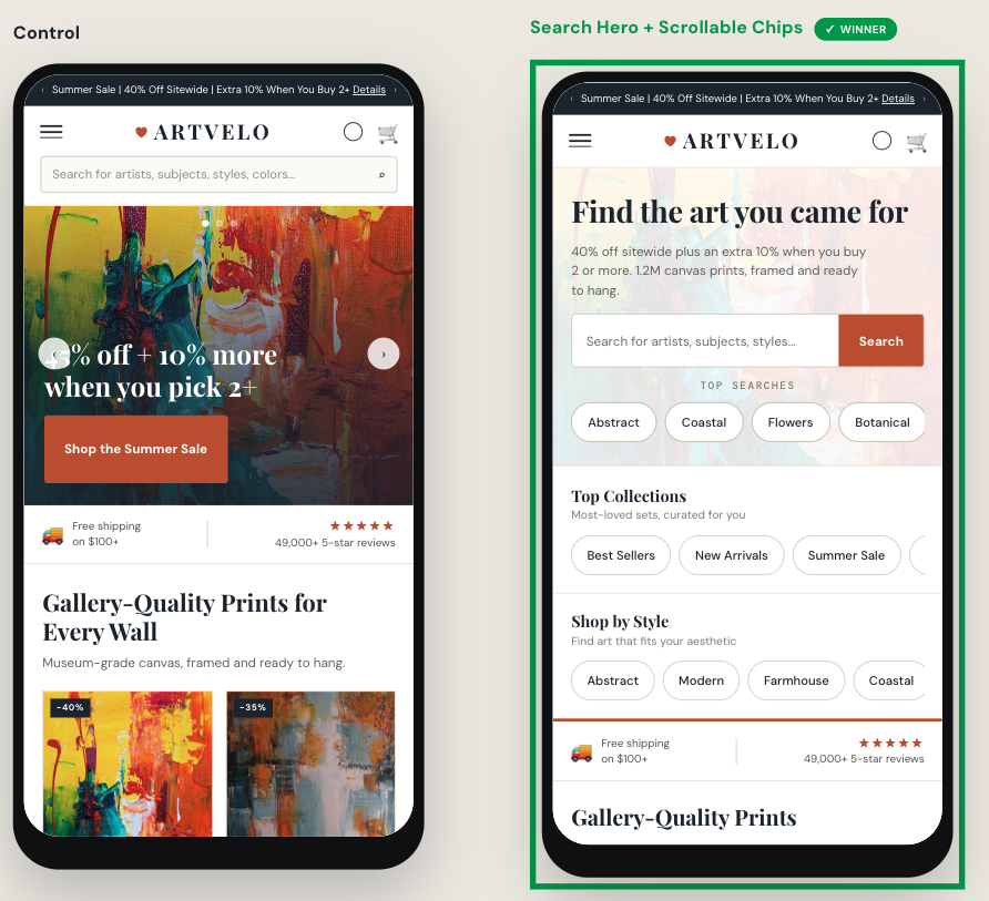 Art store mobile homepage shown as a carousel-led control and as the winning search-first hero with scrollable category shortcut chips