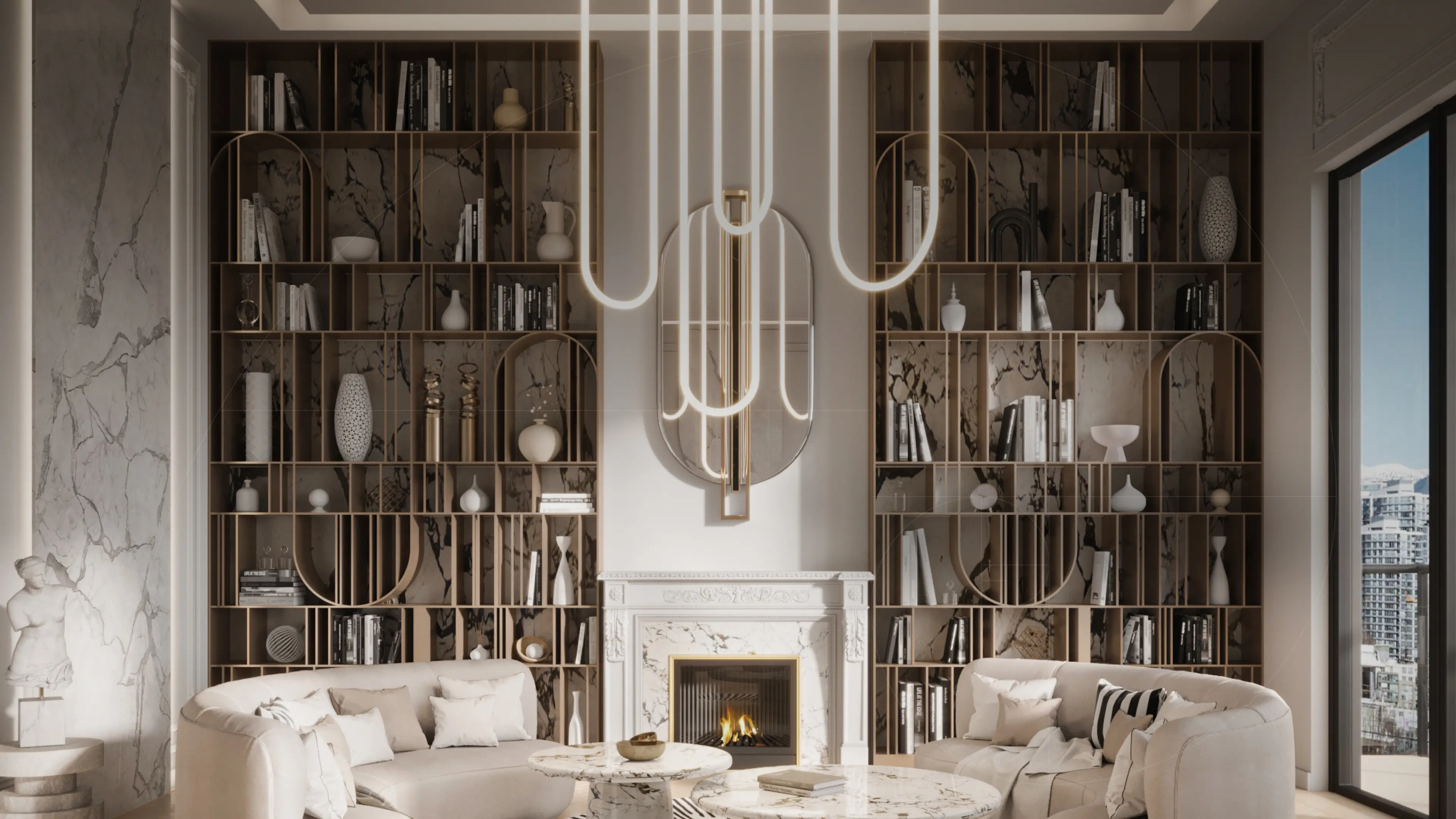 Modern living room with curved beige sofas, marble fireplace, decorative bookshelf, and large window showing city view.