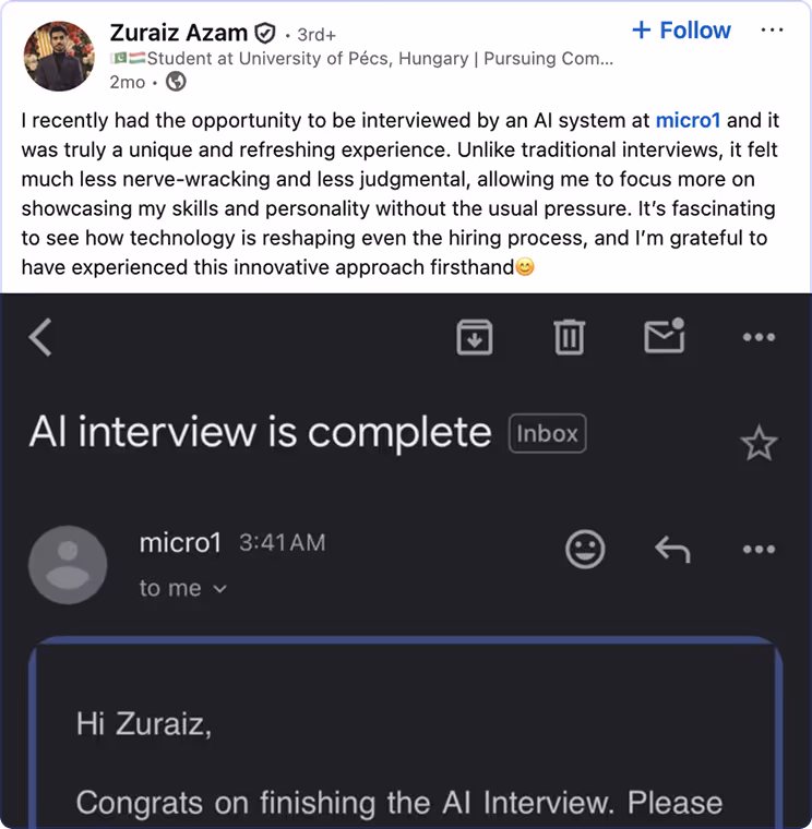 Zuraiz sharing his experience with micro1 on LinkedIn
