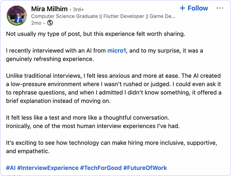 Mira sharing her experience with micro1 on LinkedIn