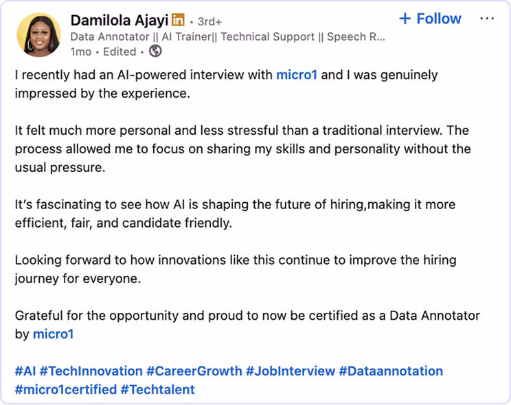 Damilola sharing his experience with micro1