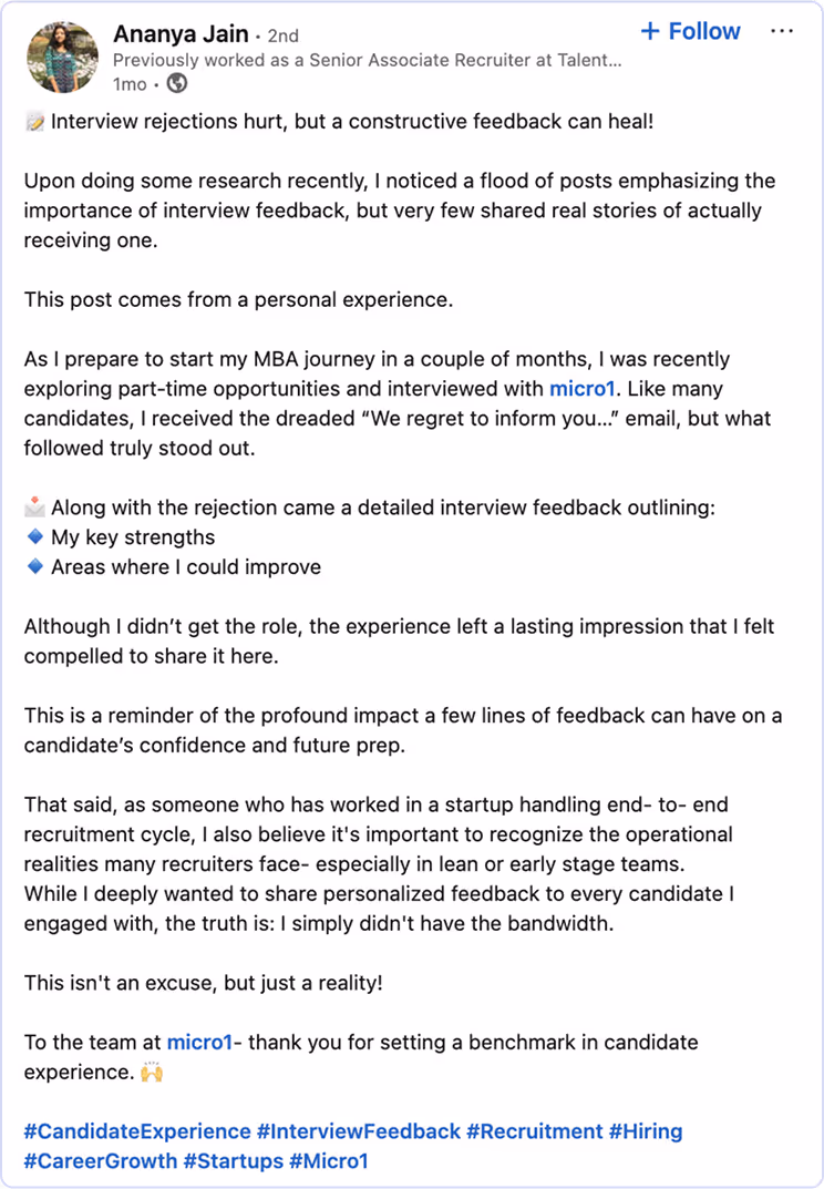 Ananya Jain sharing his experience with micro1 on LinkedIn