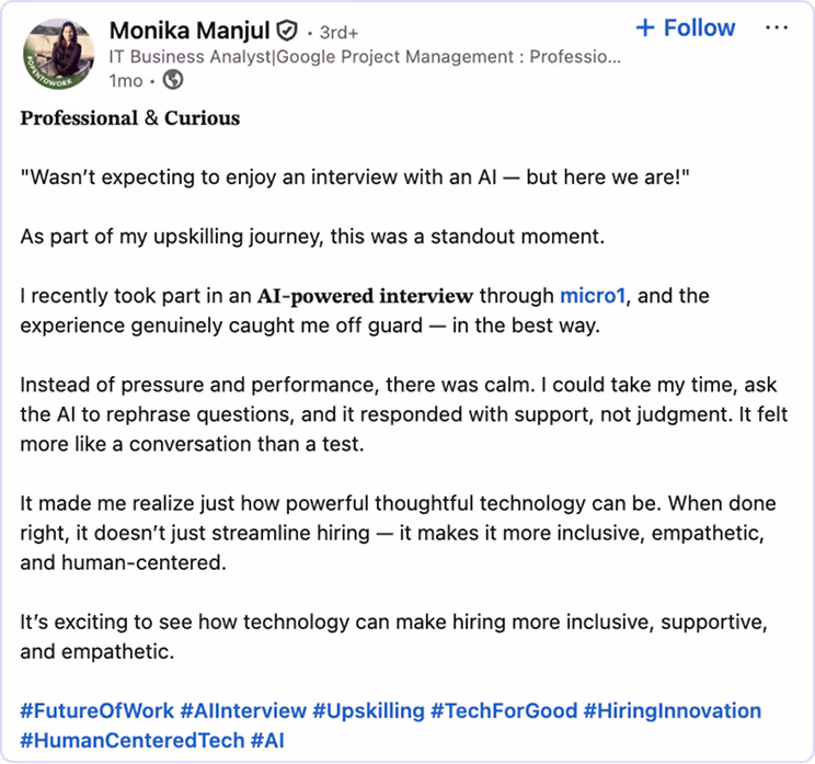 Monika sharing her experience with micro1 on LinkedIn