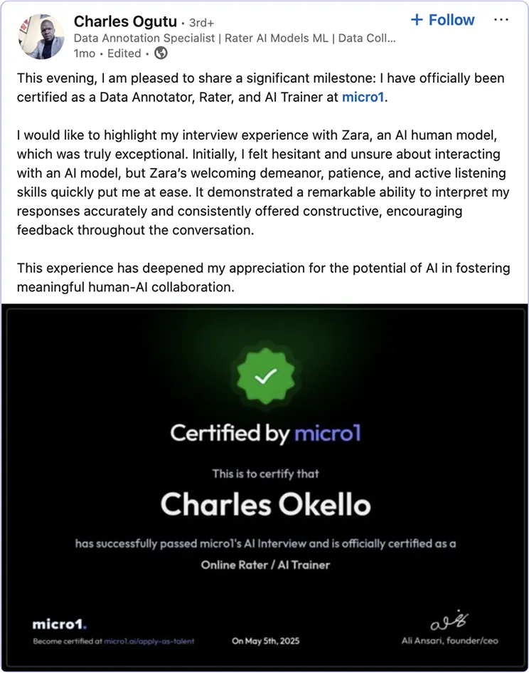 Charles sharing his experience with micro1 on LinkedIn