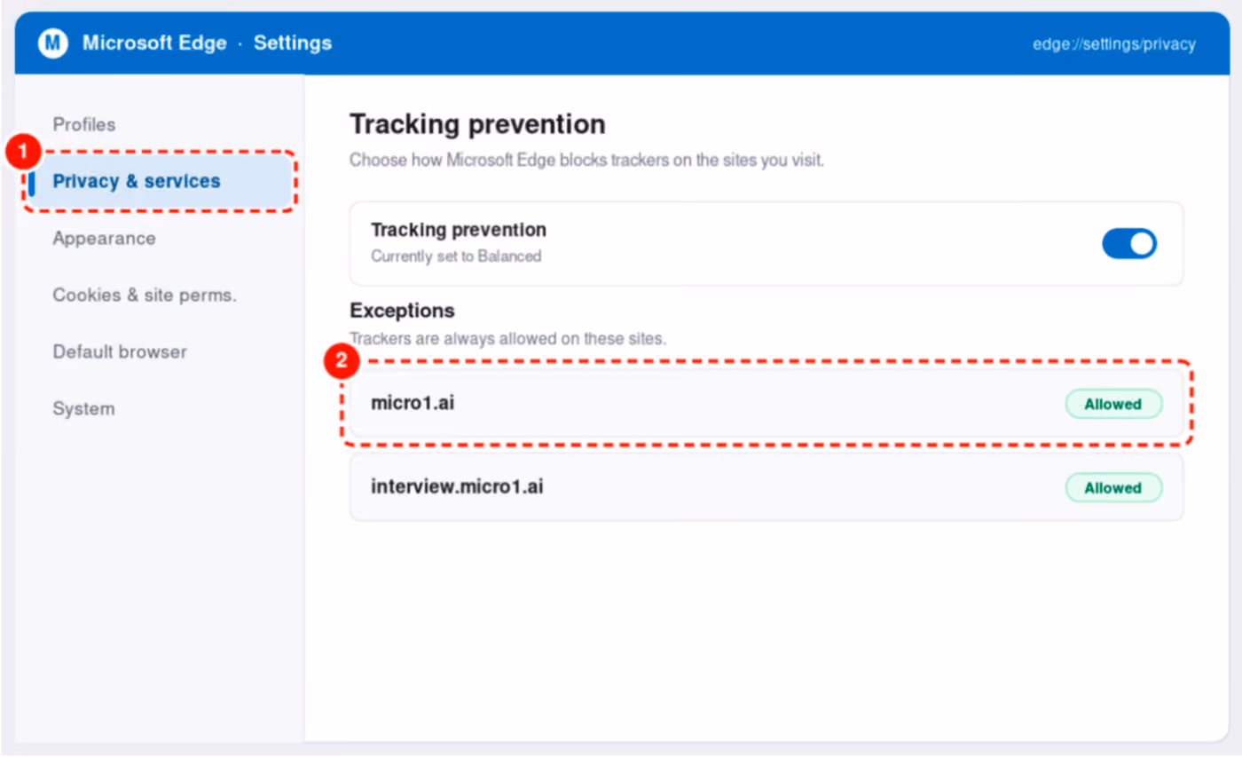 Microsoft Edge settings Privacy section showing micro1.ai in tracking prevention exceptions