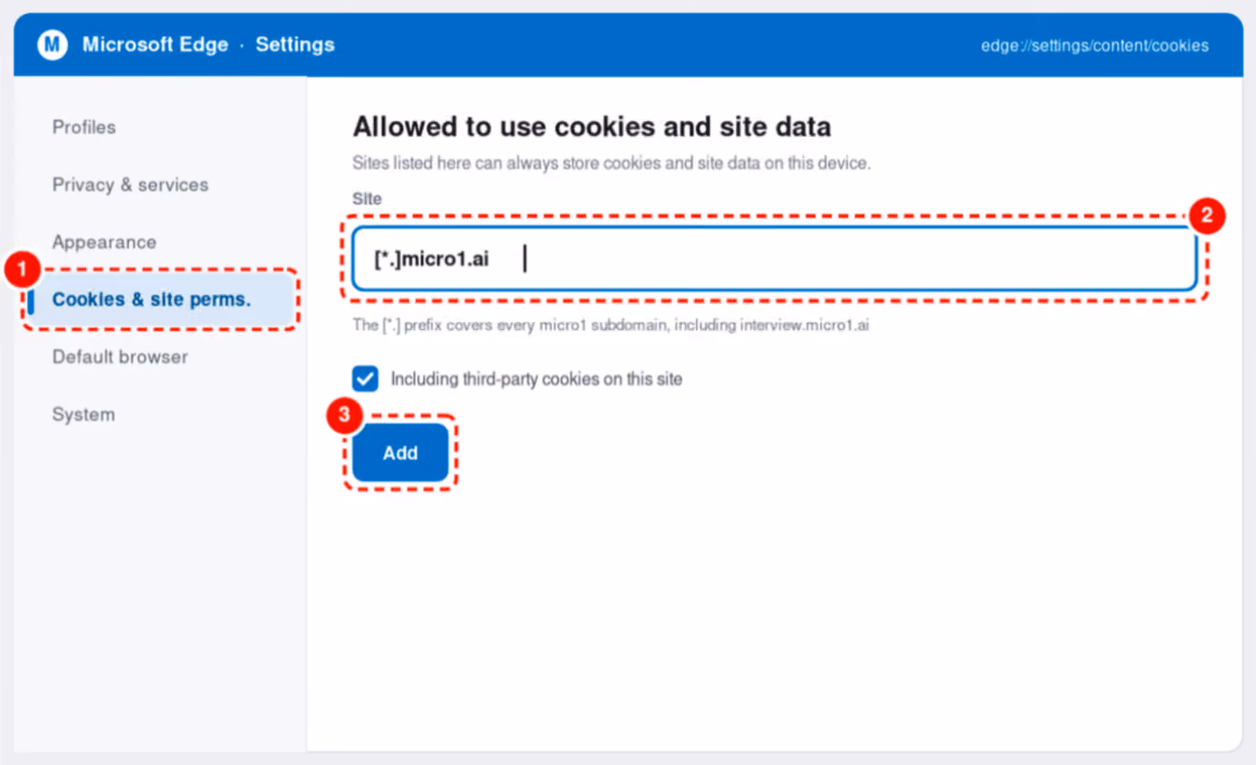 Microsoft Edge cookie settings adding micro1.ai wildcard to allow list