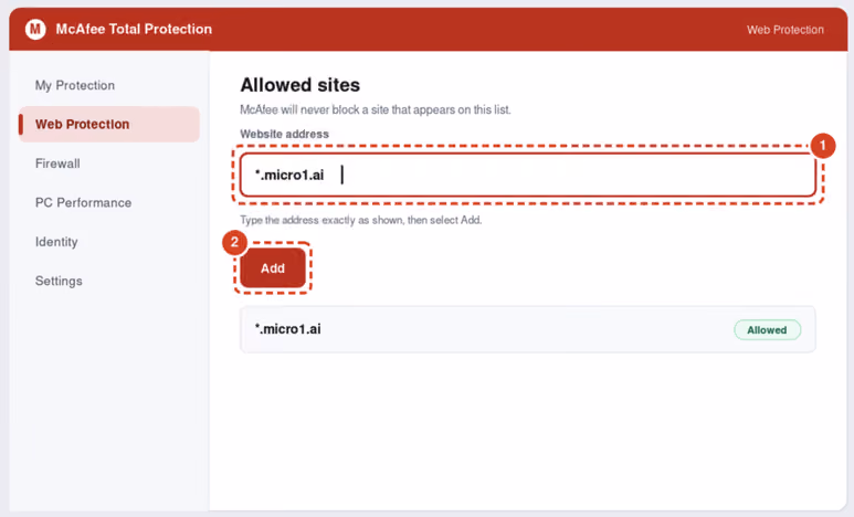 McAfee allowed sites with micro1 wildcard