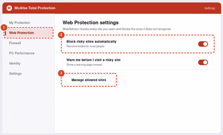 McAfee Total Protection Web Protection settings