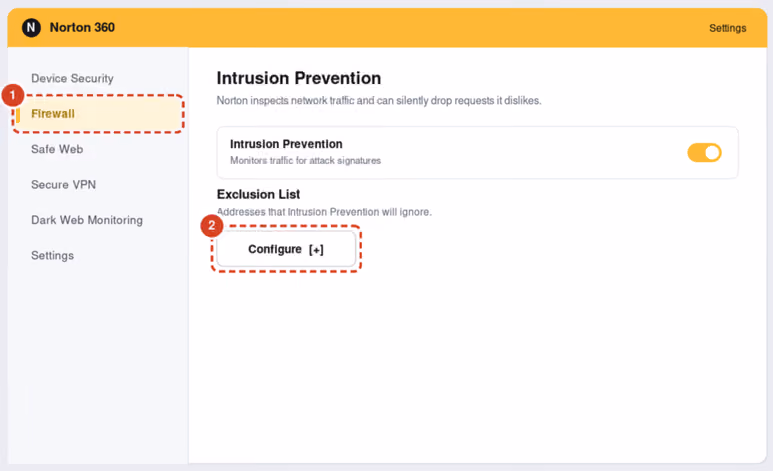Norton 360 firewall Intrusion Prevention settings