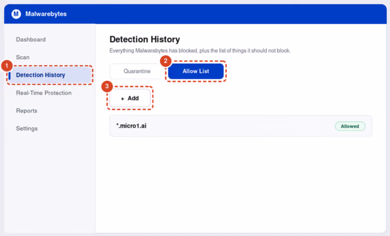 Malwarebytes Detection History Allow List