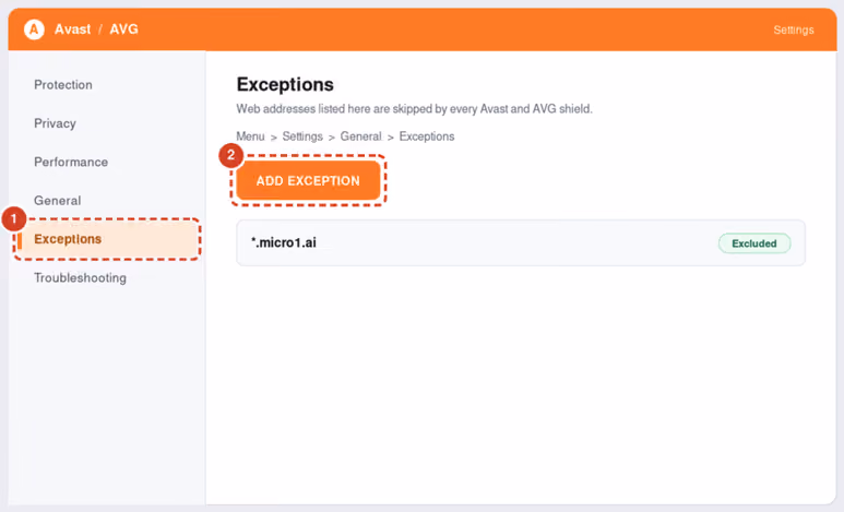 Avast AVG settings Exceptions