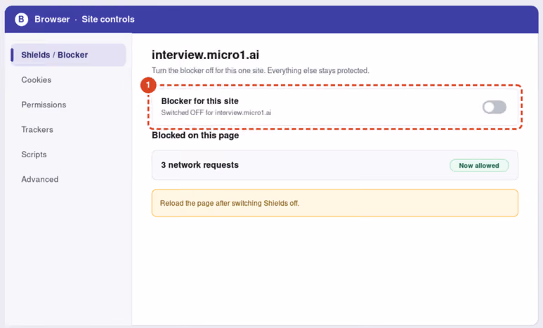 Browser site controls with blocker off for one site