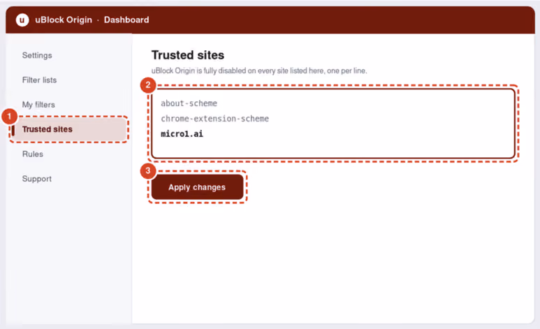 uBlock Origin Trusted sites with micro1.ai