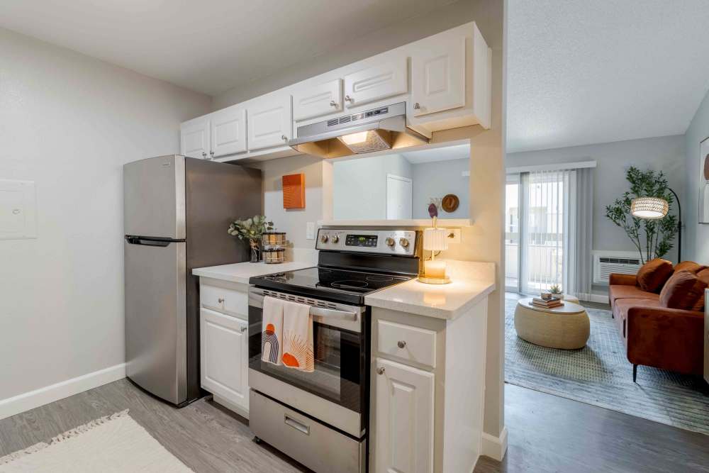 Kitchen with white cabinets, stainless steel appliances and view into living area with sofa