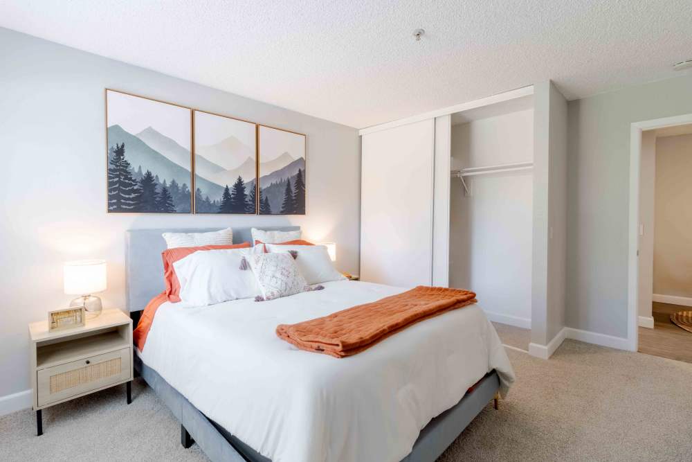 Bedroom with bed, bedside table and closet